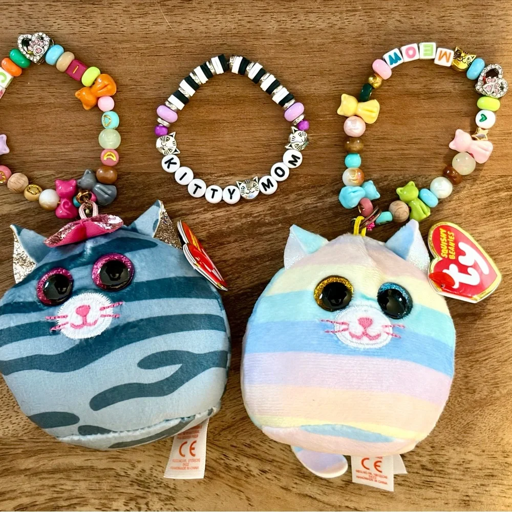 Ty Squishy Beanies 3in Cats Made Into Kitschy Ornaments Heather & Kiki +Bracelet